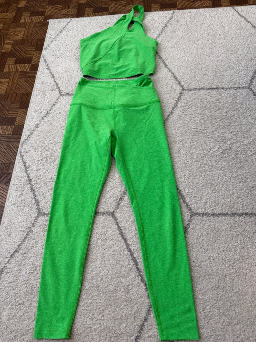 Beyond Yoga Neon Green High-Waist Leggings with One-Shoulder Crop Top